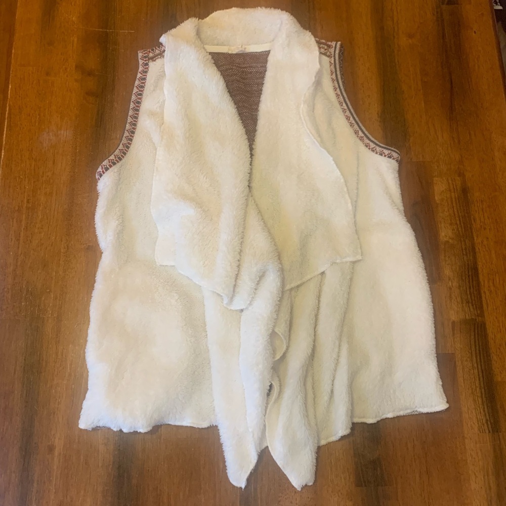 Hem & Thread Vest Large Burgundy, Green, and Cream Knit Vest Cream Fuzzy Front